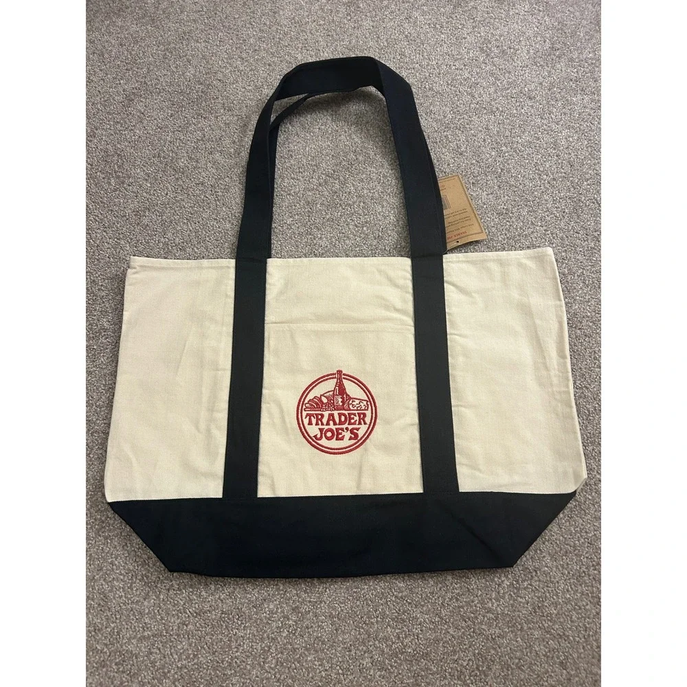 Trader Joe's Reusable Tote Bag Unisex Large Navy Blue Cream NEW Canvas Grocery